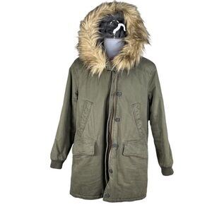 Abercrombie & Fitch Size M Olive Green Hooded Parka Faux Fur Trim Quilted Lining